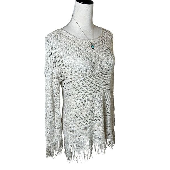 Y2K Boho Crochet Open Knit Fringe Top Medium Hippie Fairy Woodsy Beach Festival - Picture 2 of 7